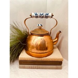 Vintage Copper Tea Pot Blue White Ceramic Handle Delft Style Heavy Patina